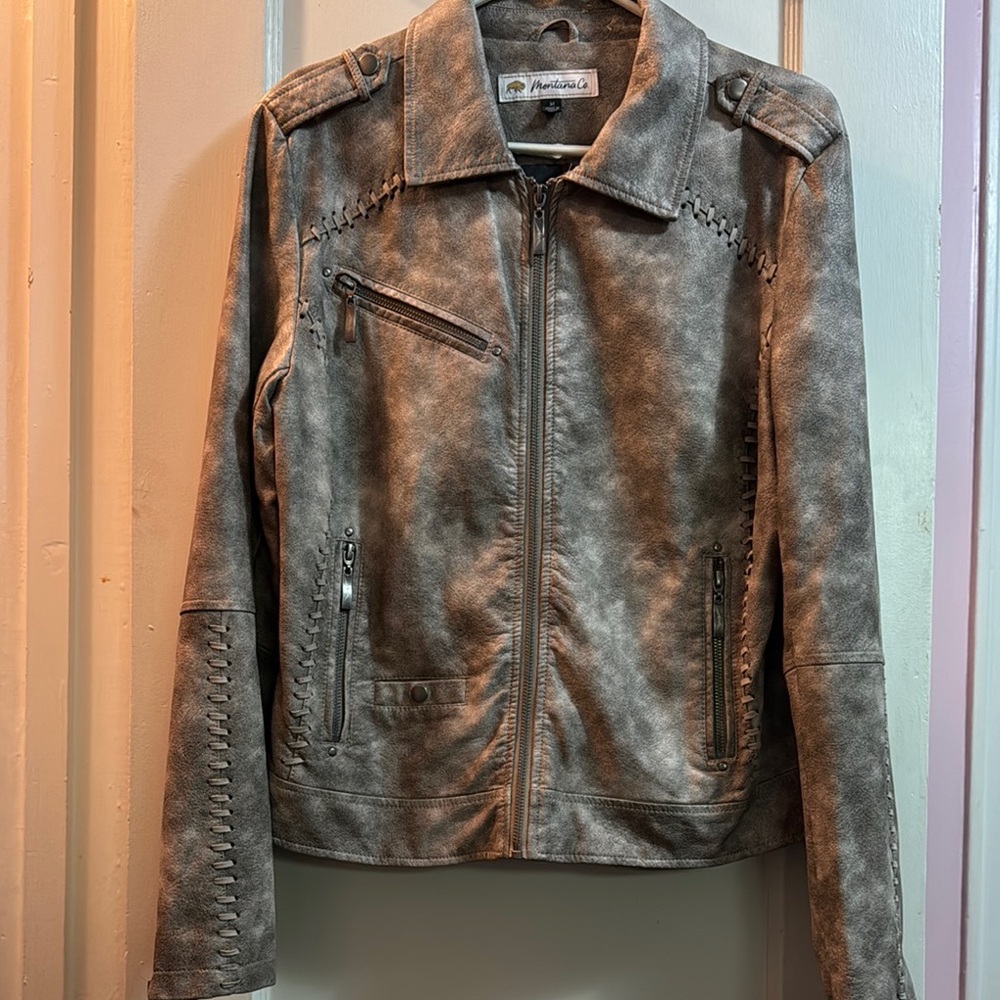 Womens Distressed taupe Faux-Leather Zip Jacket